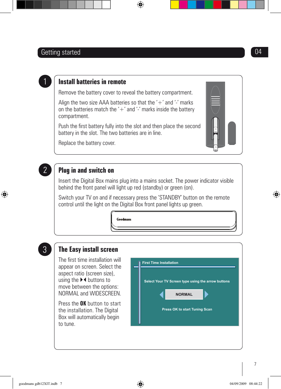 Getting started install batteries in remote, Plug in and switch on, The easy install screen | Goodmans GDB12XIT User Manual | Page 7 / 24