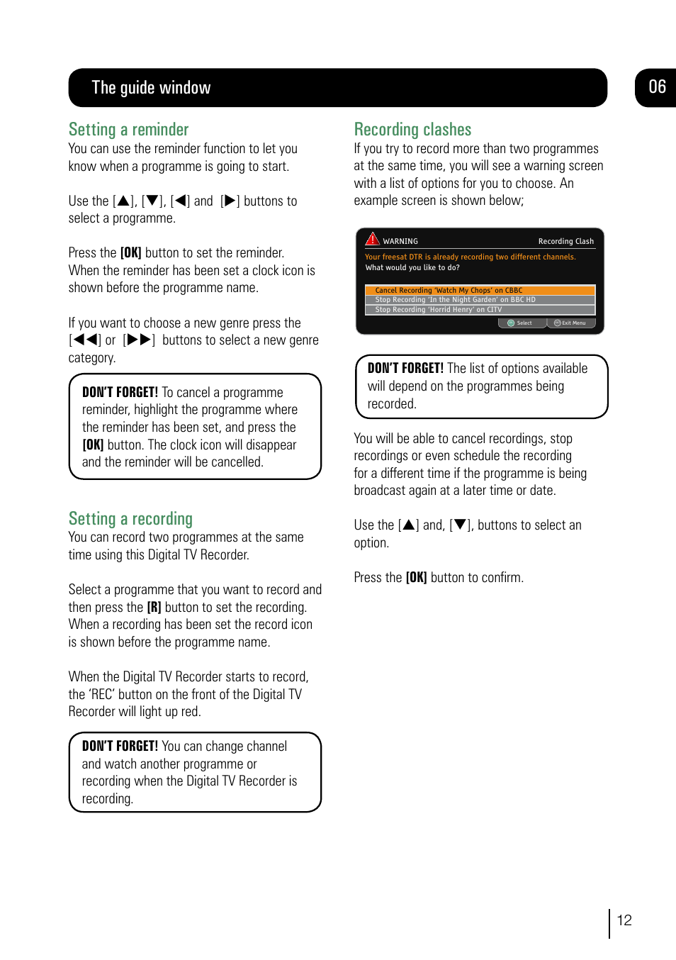 The guide window setting a reminder, Setting a recording, Recording clashes | Goodmans 500GB User Manual | Page 13 / 32