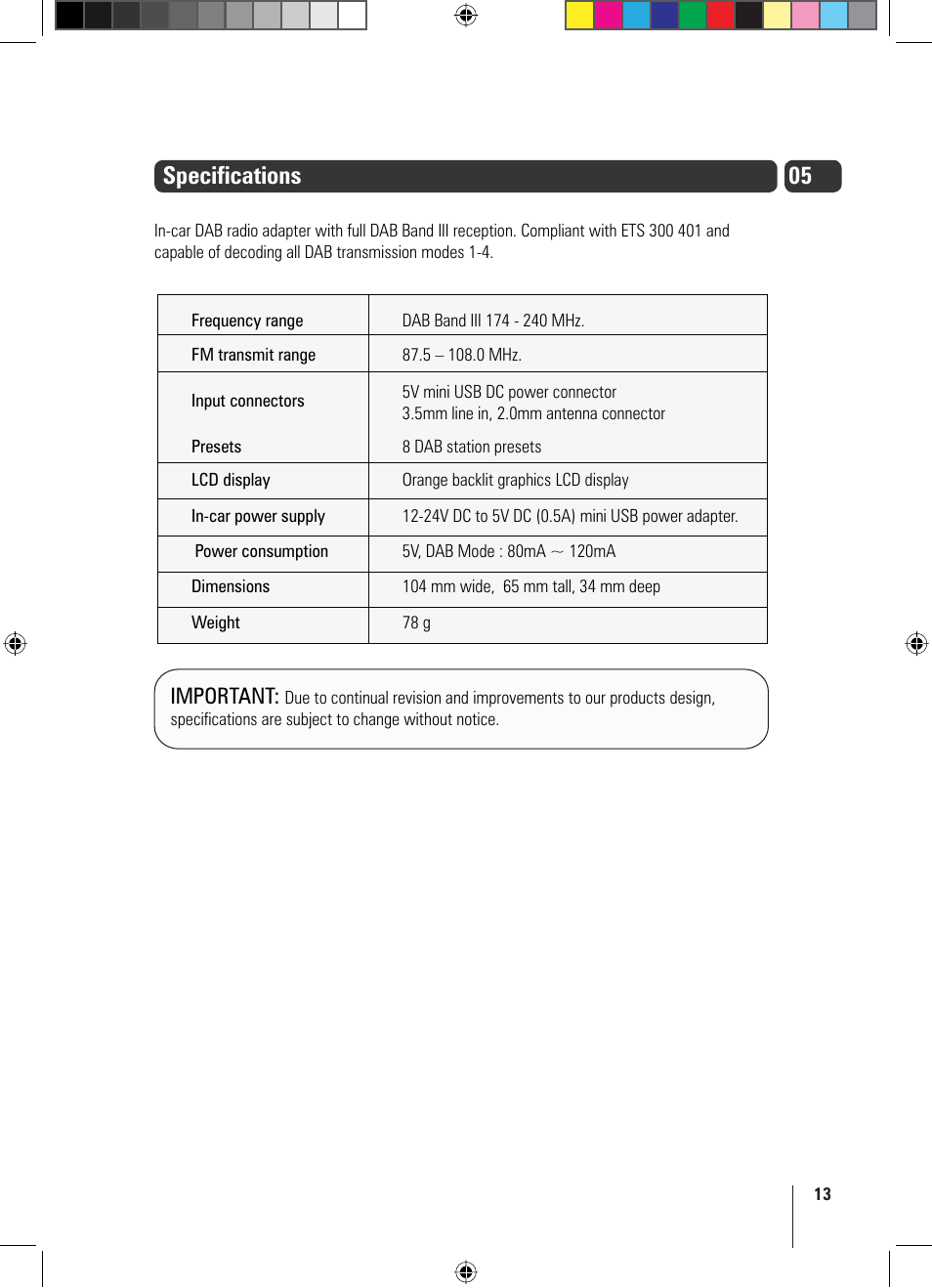 Specifications 05 | Goodmans GFMTDAB10 User Manual | Page 13 / 16