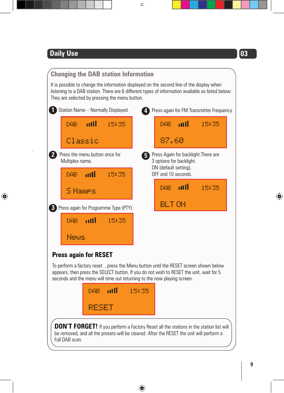Classic, News, S hamps | Blt on, Reset | Goodmans GFMTDAB10 User Manual | Page 9 / 16