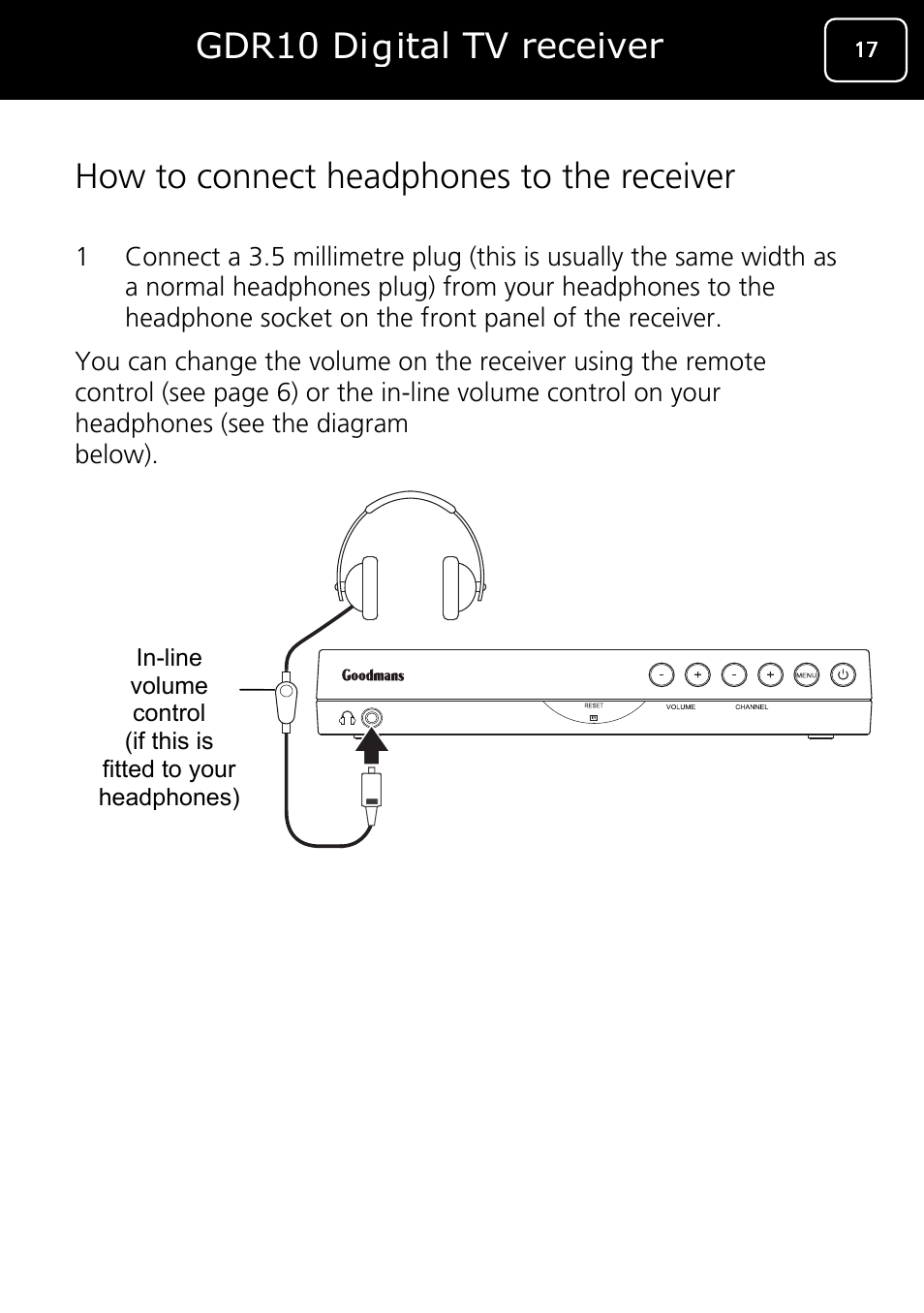 How to connect headphones to the receiver, Gdr10 digital tv receiver | Goodmans GDR10 User Manual | Page 17 / 76