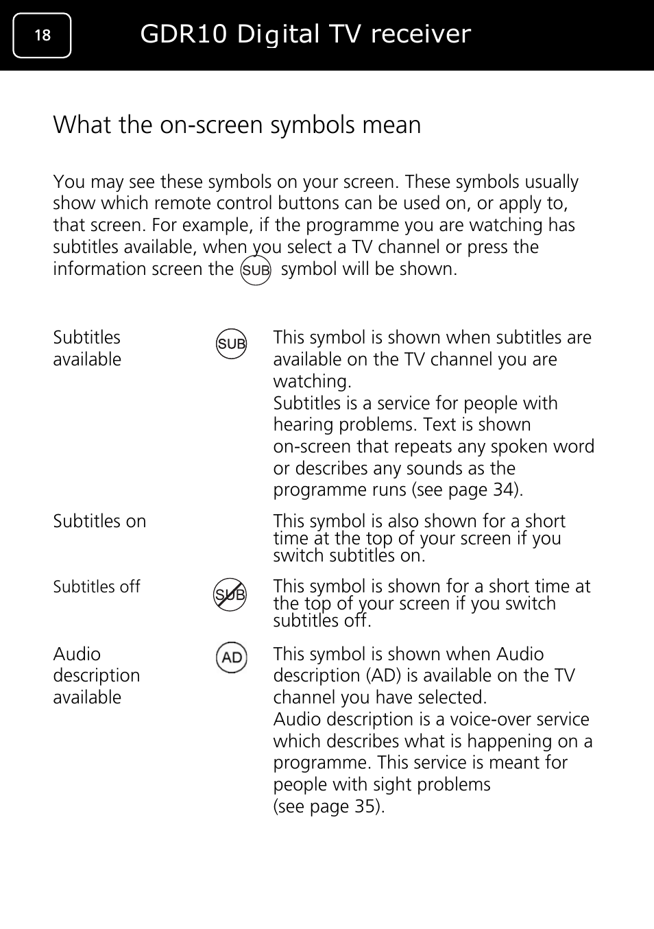 What the on-screen symbols mean, Gdr10 digital tv receiver | Goodmans GDR10 User Manual | Page 18 / 76