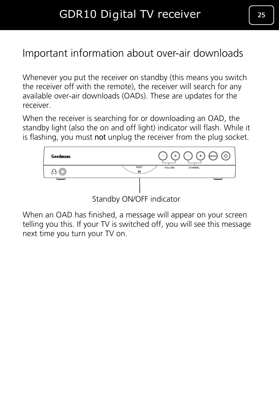 Important information about over-air downloads, Gdr10 digital tv receiver | Goodmans GDR10 User Manual | Page 25 / 76