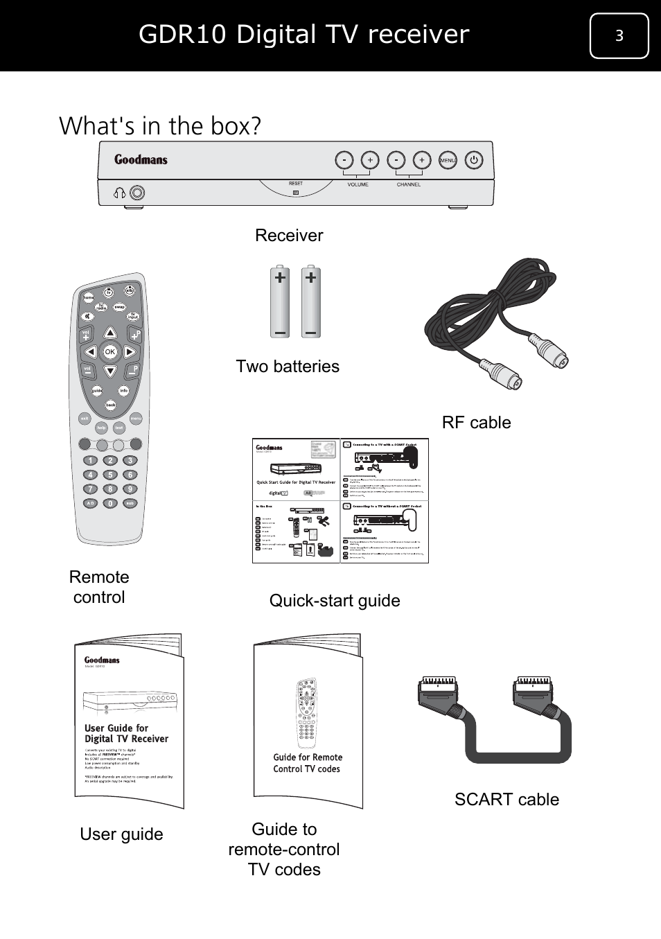 Adr10 set top box, Adr10 digital tv r v ecei er, Gdr10 digital tv receiver what's in the box | Goodmans GDR10 User Manual | Page 3 / 76