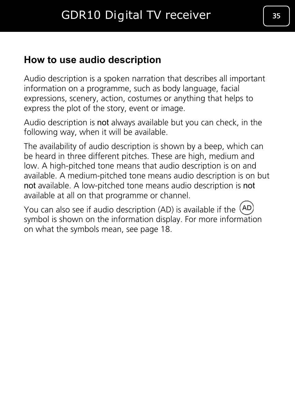 Gdr10 digital tv receiver, How to use audio description | Goodmans GDR10 User Manual | Page 35 / 76