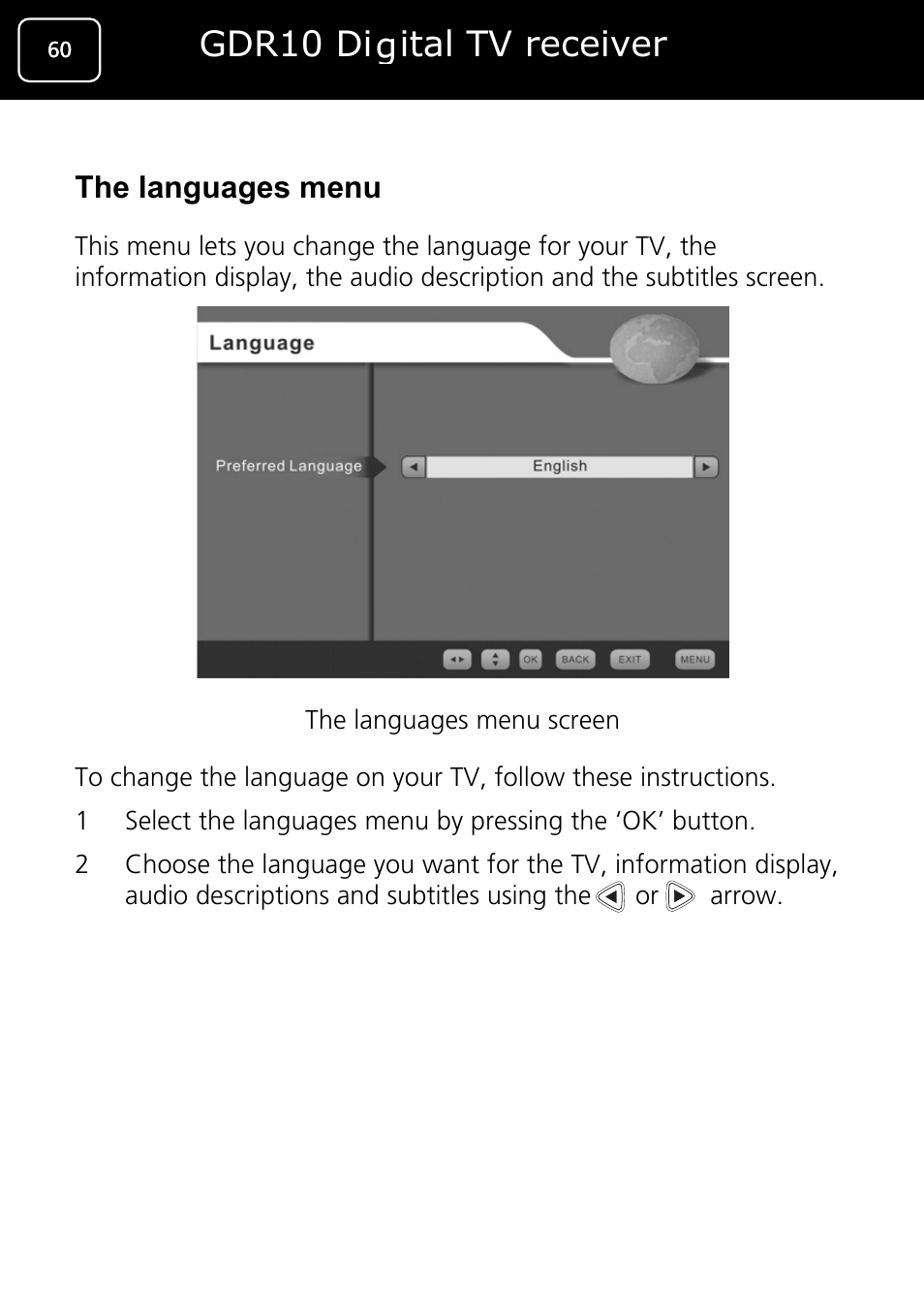 Gdr10 digital tv receiver, The languages menu | Goodmans GDR10 User Manual | Page 60 / 76