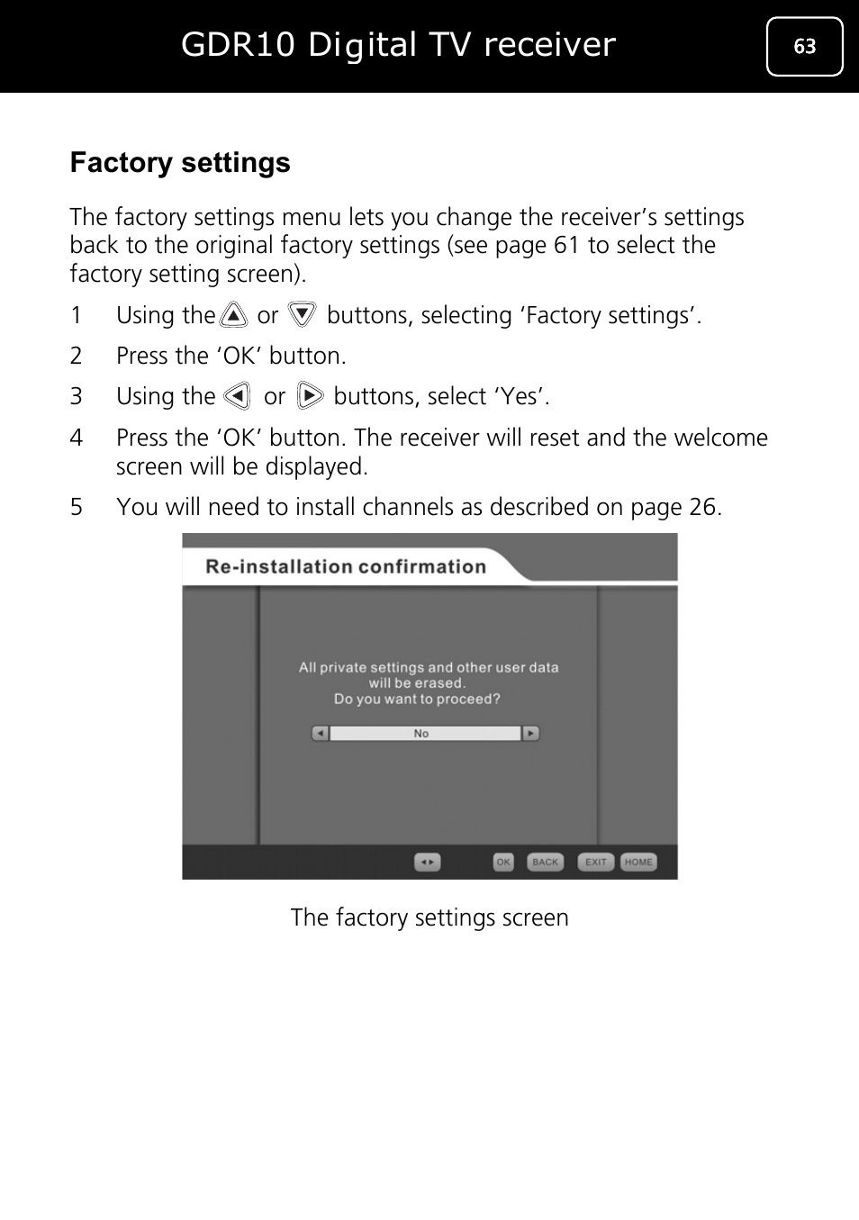 Gdr10 digital tv receiver, Factory settings | Goodmans GDR10 User Manual | Page 63 / 76