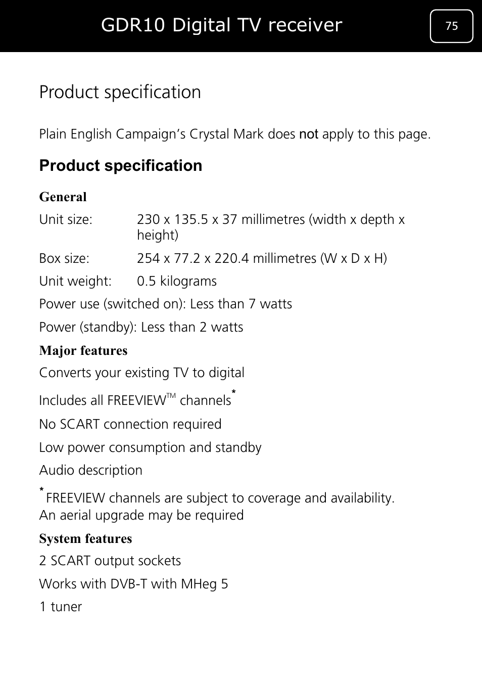 Adr10 set top box, Adr10 digital tv receiver, Gdr10 digital tv receiver product specification | Product specification | Goodmans GDR10 User Manual | Page 75 / 76