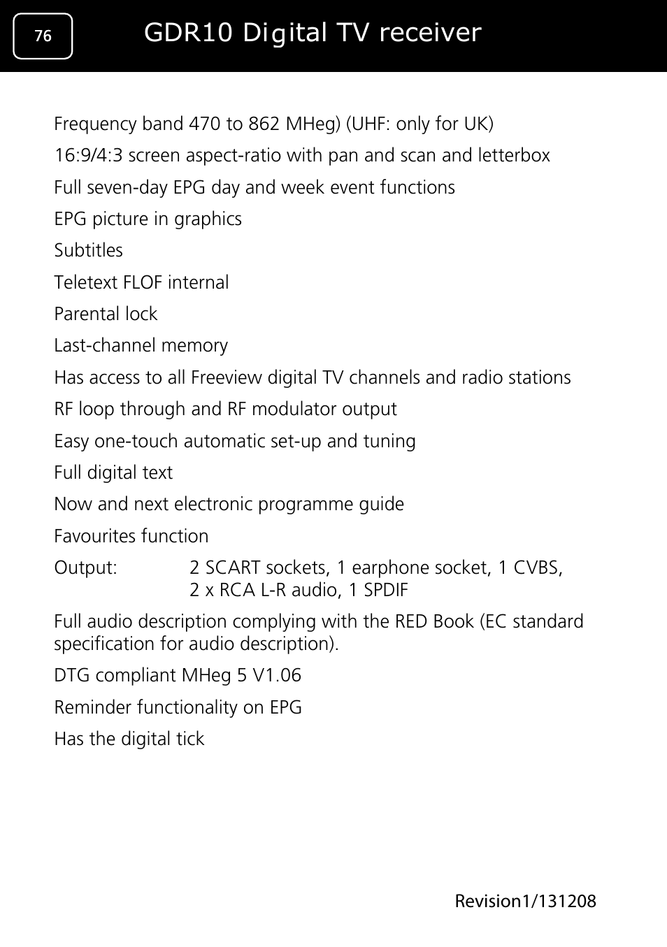 Gdr10 digital tv receiver | Goodmans GDR10 User Manual | Page 76 / 76