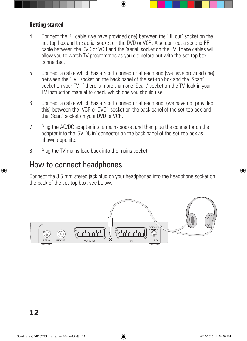 How to connect headphones, Getting started 12 | Goodmans GDB20TTS User Manual | Page 12 / 76