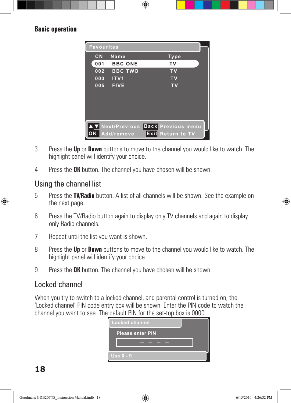 Using the channel list, Locked channel, Basic operation 18 | Goodmans GDB20TTS User Manual | Page 18 / 76