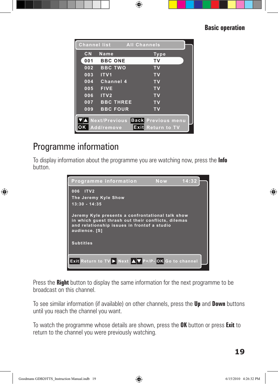 Programme information, 19 basic operation | Goodmans GDB20TTS User Manual | Page 19 / 76