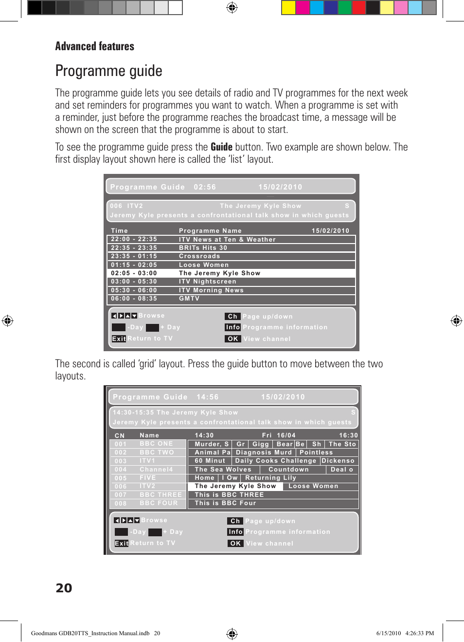 Programme guide, Advanced features 20 | Goodmans GDB20TTS User Manual | Page 20 / 76