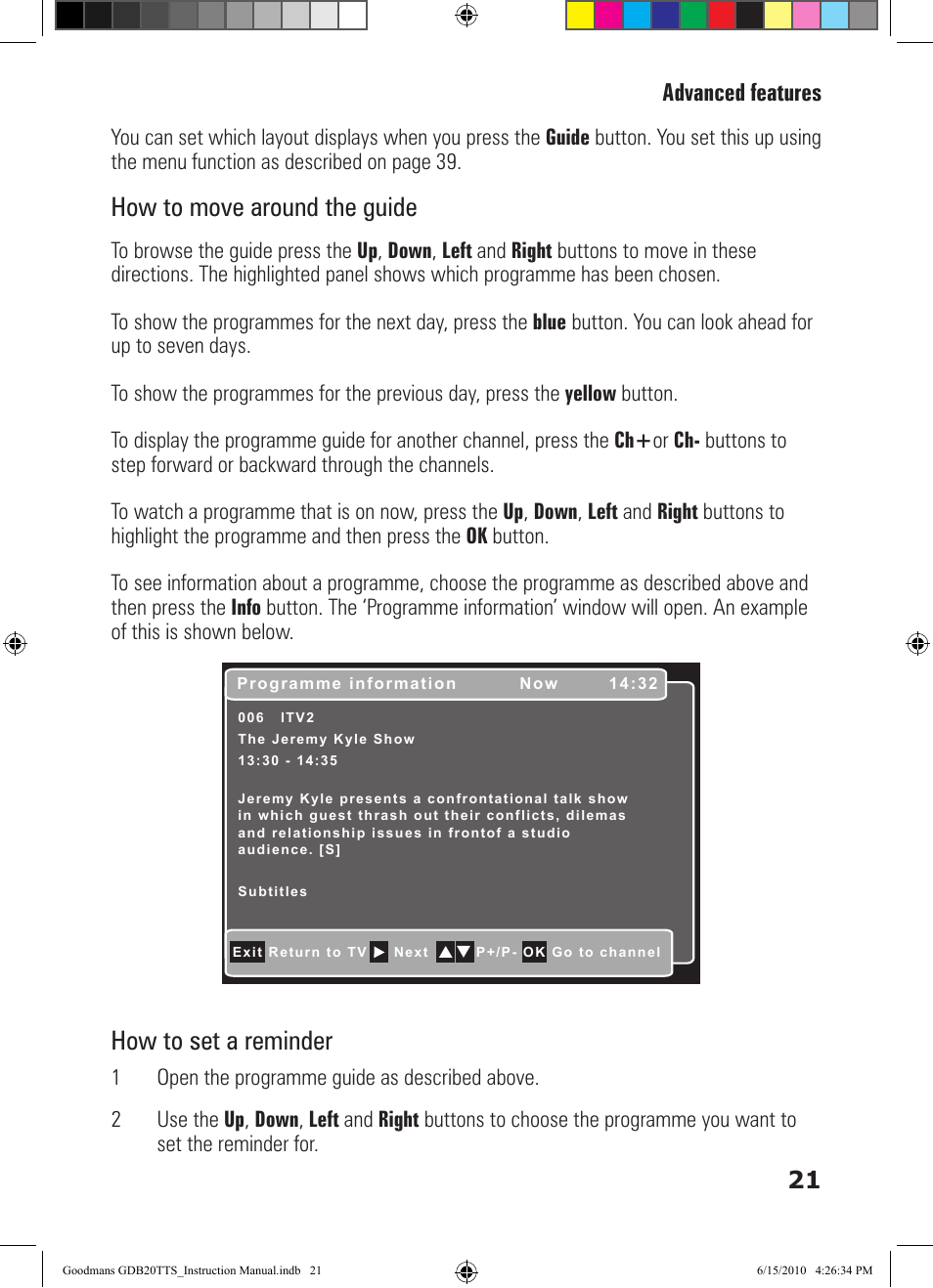 How to move around the guide, How to set a reminder, 21 advanced features | Goodmans GDB20TTS User Manual | Page 21 / 76