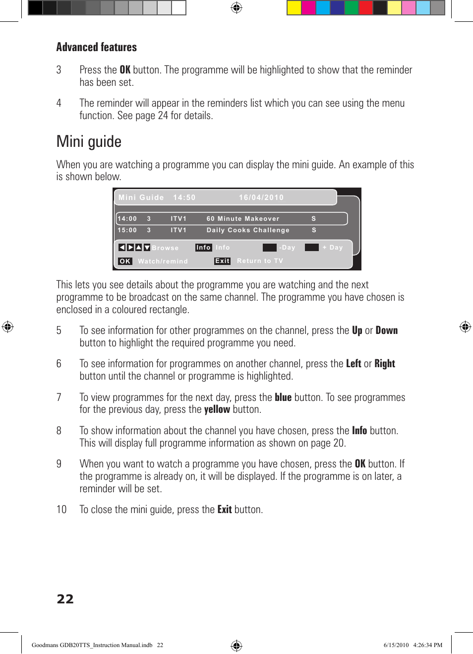Mini guide, Advanced features 22 | Goodmans GDB20TTS User Manual | Page 22 / 76