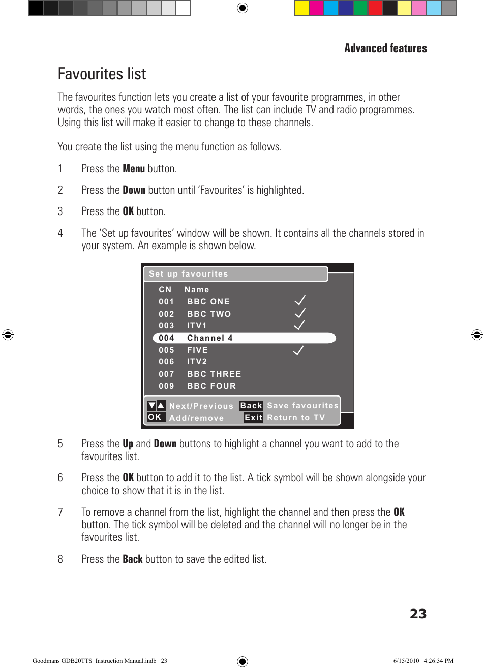 Favourites list, 23 advanced features | Goodmans GDB20TTS User Manual | Page 23 / 76