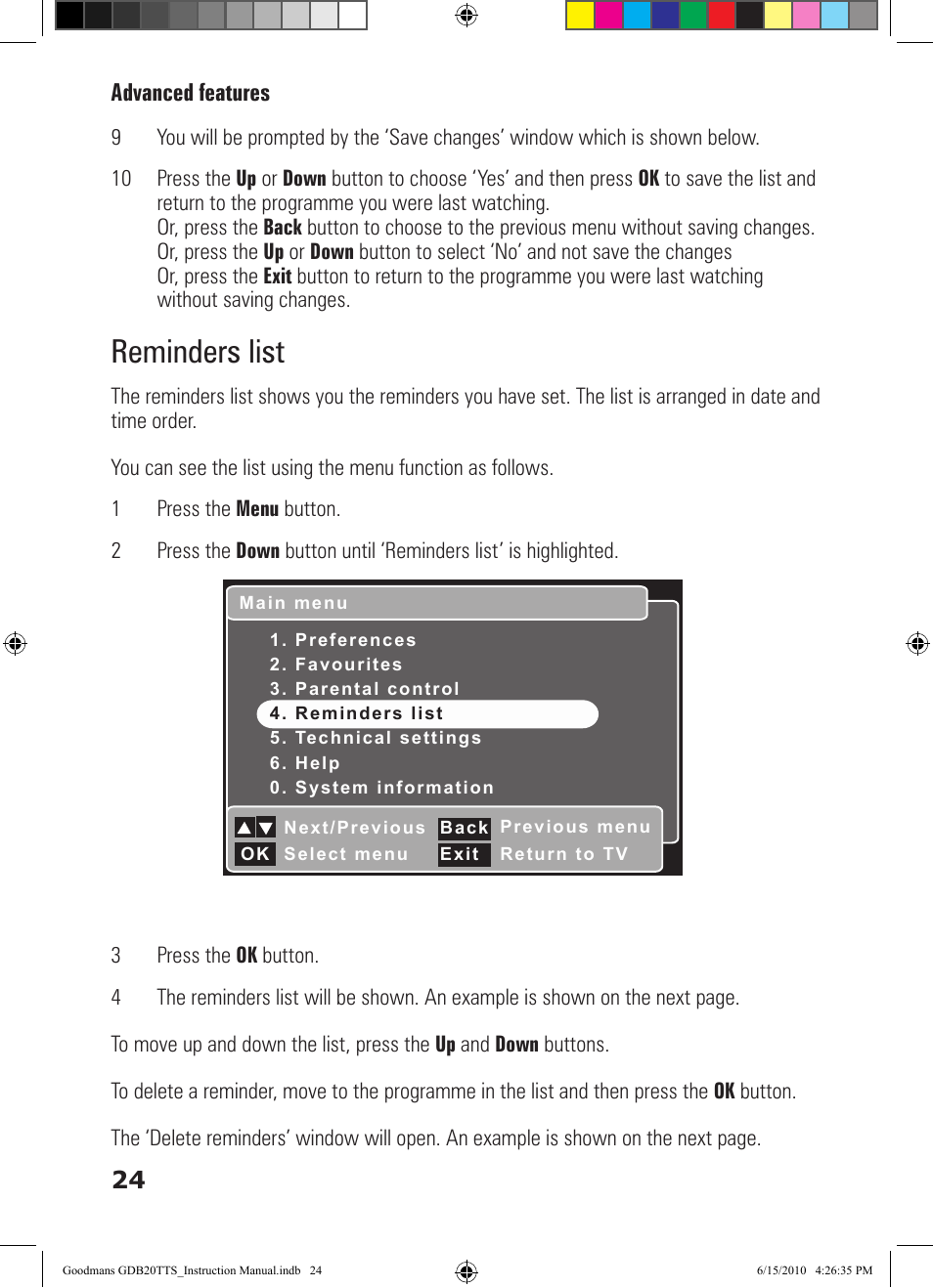 Reminders list | Goodmans GDB20TTS User Manual | Page 24 / 76