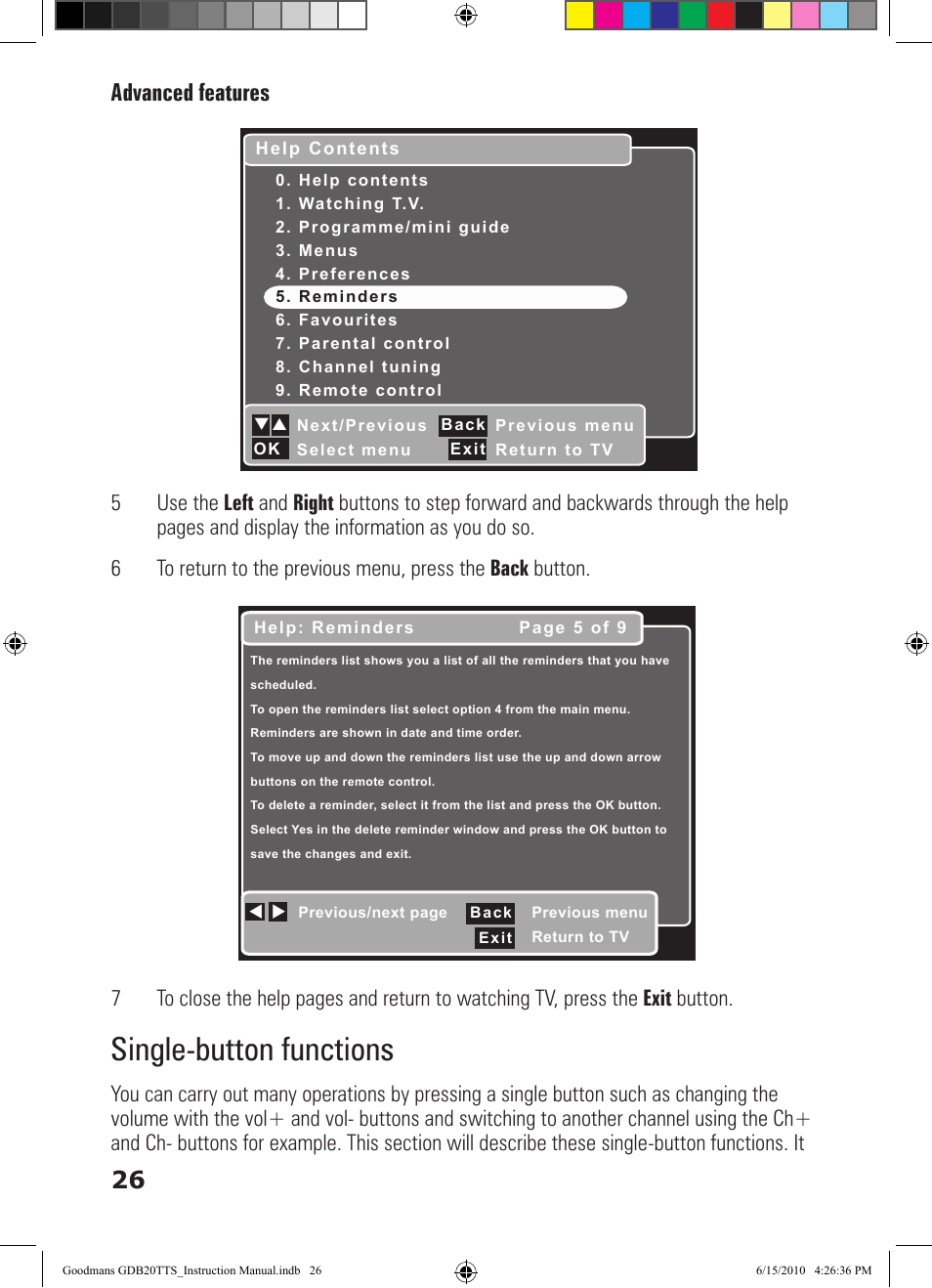 Single-button functions, Advanced features 26 | Goodmans GDB20TTS User Manual | Page 26 / 76