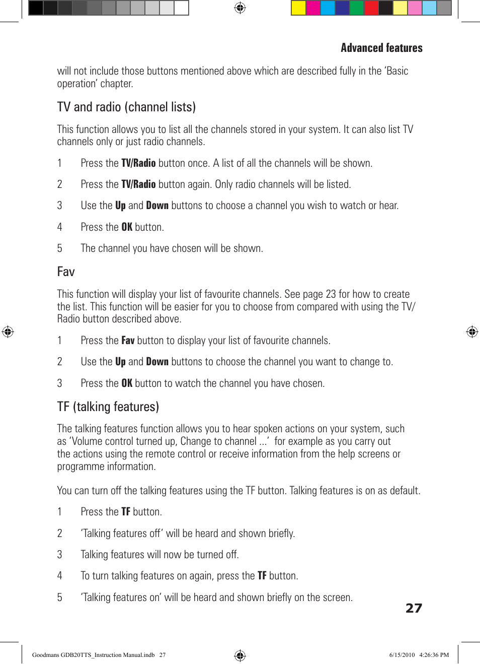Tv and radio (channel lists), Tf (talking features) | Goodmans GDB20TTS User Manual | Page 27 / 76