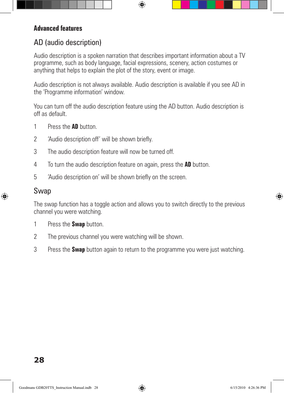 Ad (audio description), Swap | Goodmans GDB20TTS User Manual | Page 28 / 76