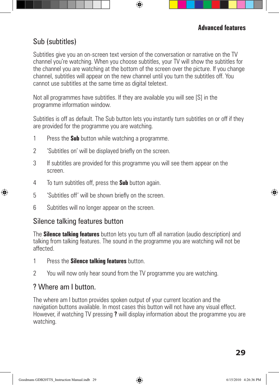 Sub (subtitles), Silence talking features button, Where am i button | Goodmans GDB20TTS User Manual | Page 29 / 76