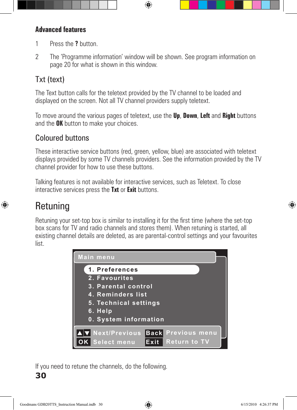 Retuning, Txt (text), Coloured buttons | Goodmans GDB20TTS User Manual | Page 30 / 76