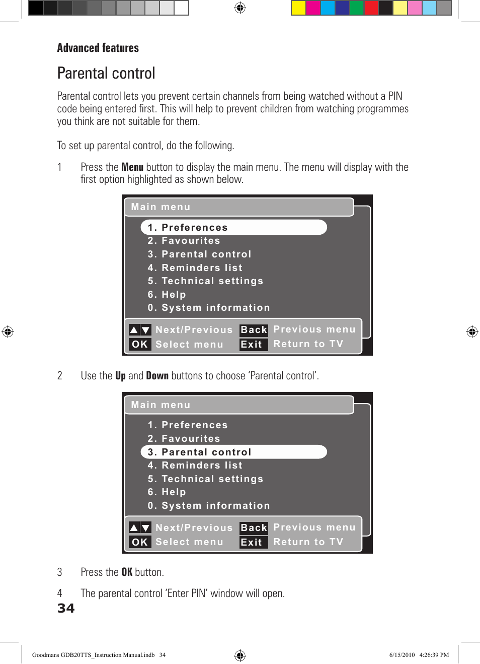 Parental control, Advanced features 34 | Goodmans GDB20TTS User Manual | Page 34 / 76