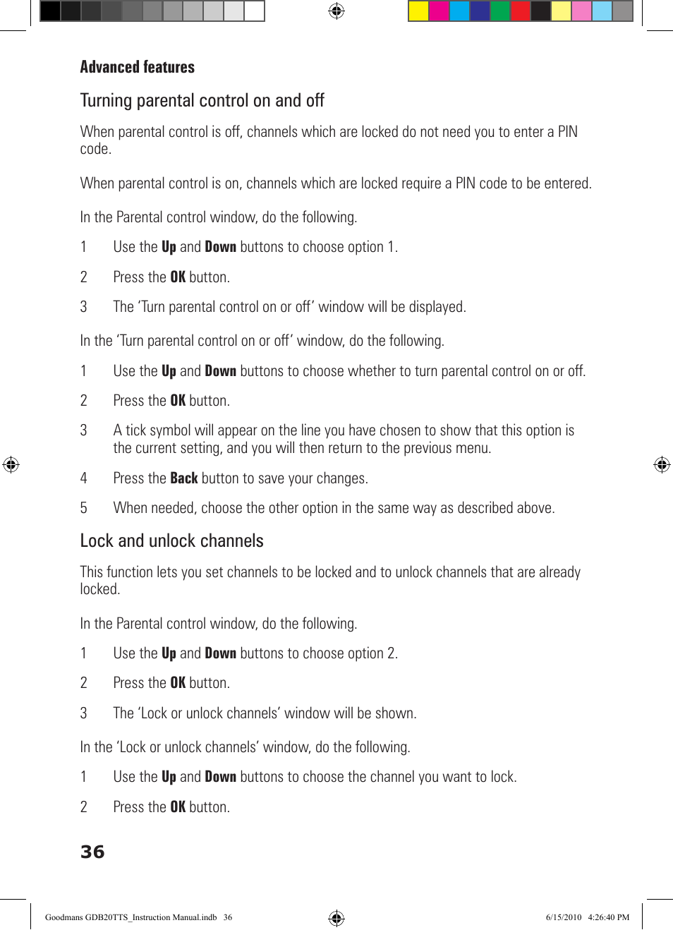 Turning parental control on and off, Lock and unlock channels | Goodmans GDB20TTS User Manual | Page 36 / 76
