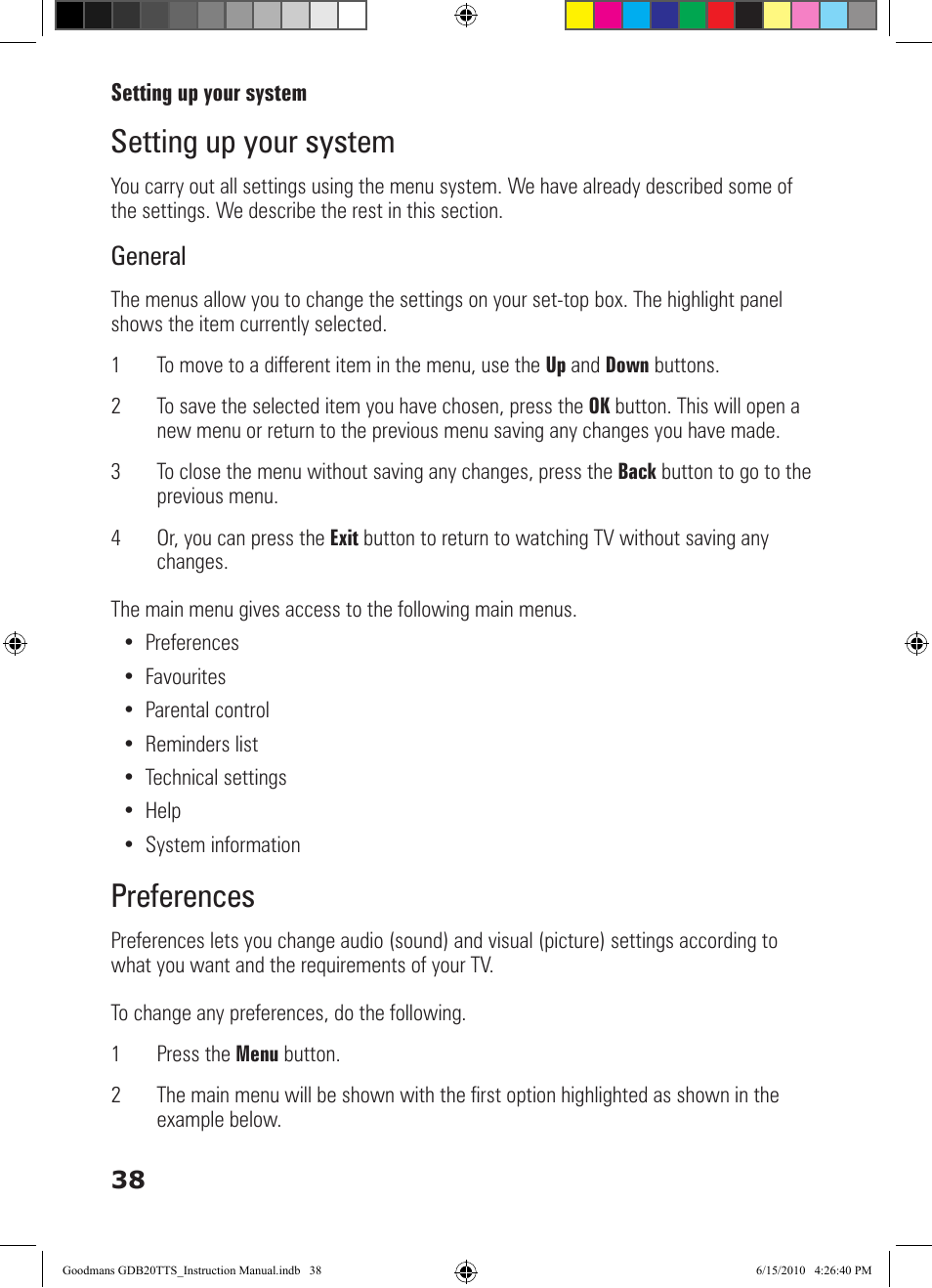 Setting up your system, Preferences, General | Goodmans GDB20TTS User Manual | Page 38 / 76