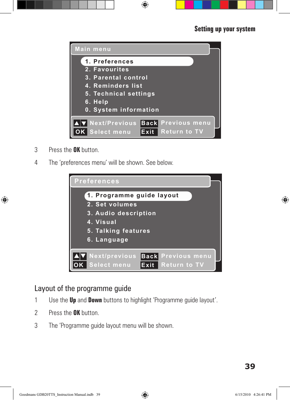 Layout of the programme guide, 39 setting up your system | Goodmans GDB20TTS User Manual | Page 39 / 76