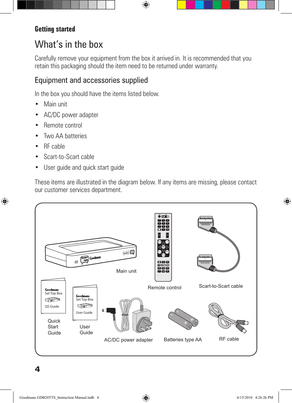 What’s in the box, Equipment and accessories supplied, Getting started 4 | User guide quick start guide | Goodmans GDB20TTS User Manual | Page 4 / 76
