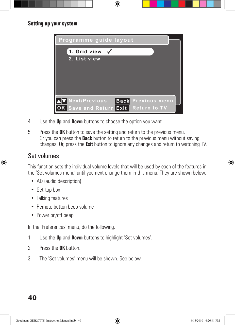 Set volumes | Goodmans GDB20TTS User Manual | Page 40 / 76