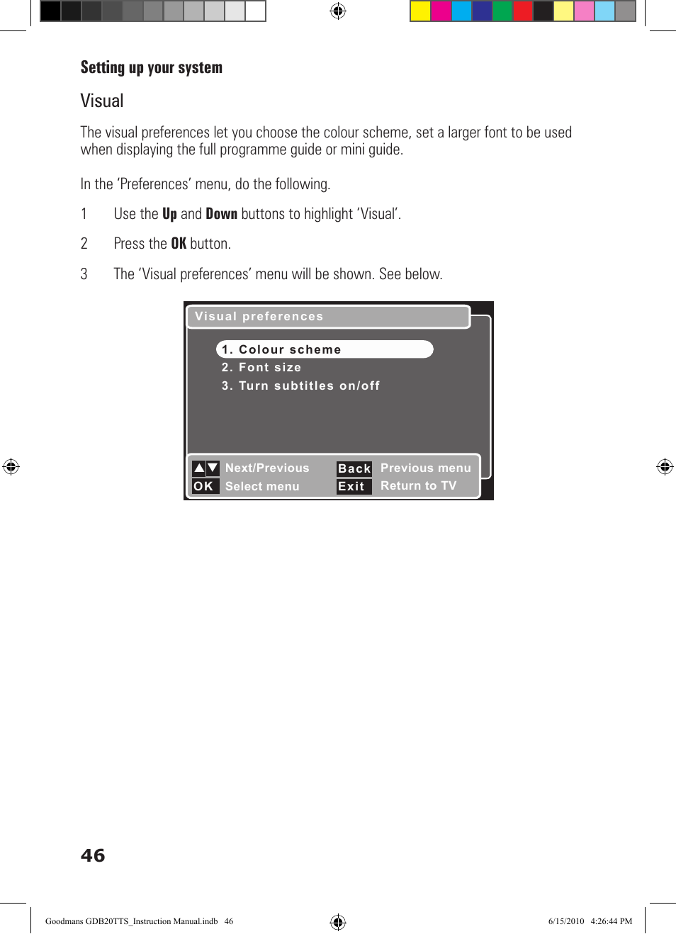 Visual, Setting up your system 46 | Goodmans GDB20TTS User Manual | Page 46 / 76