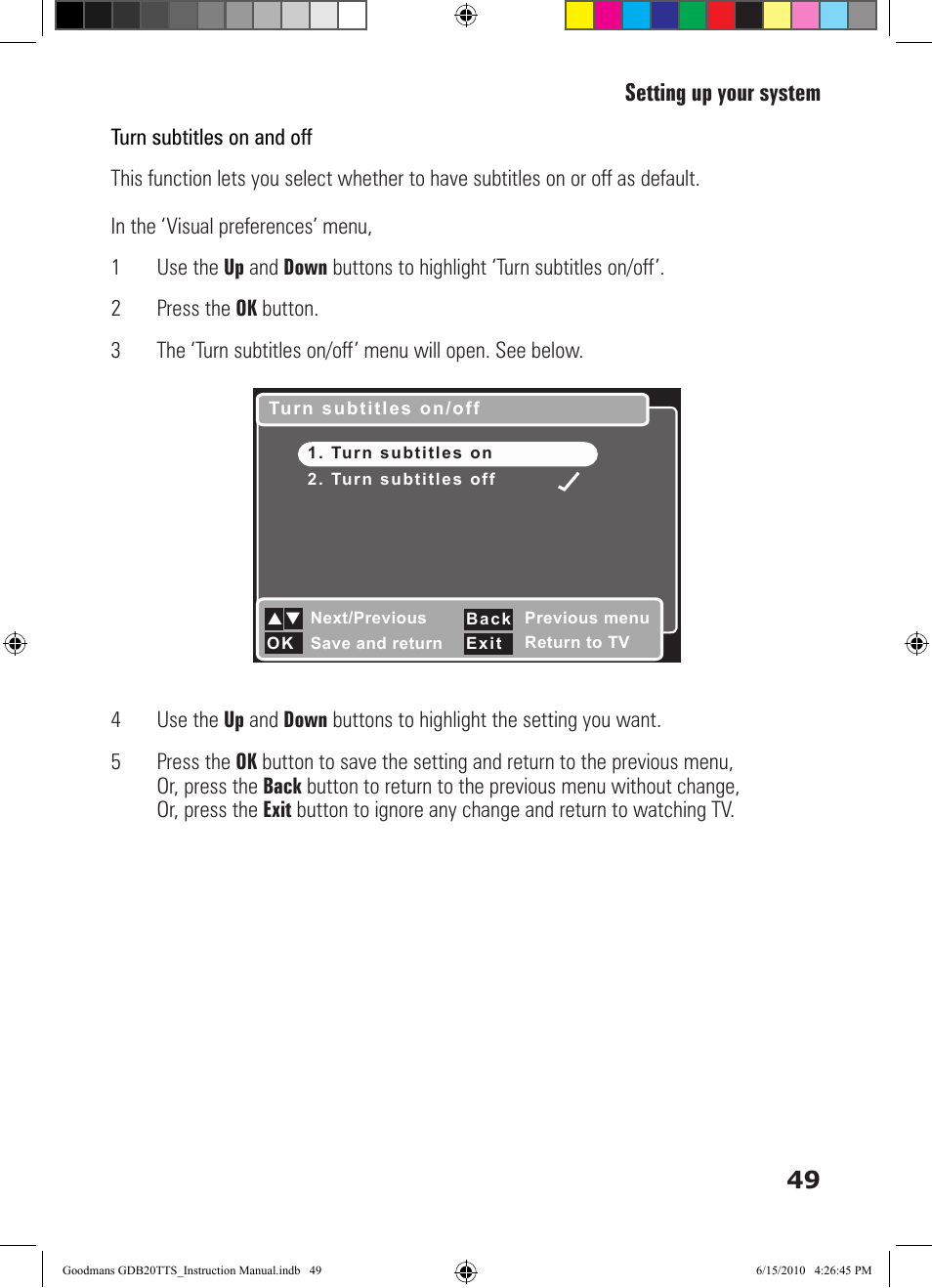 49 setting up your system | Goodmans GDB20TTS User Manual | Page 49 / 76