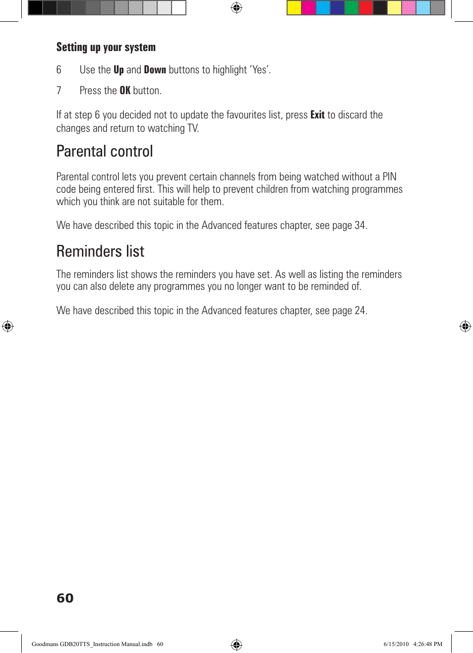 Parental control, Reminders list | Goodmans GDB20TTS User Manual | Page 60 / 76