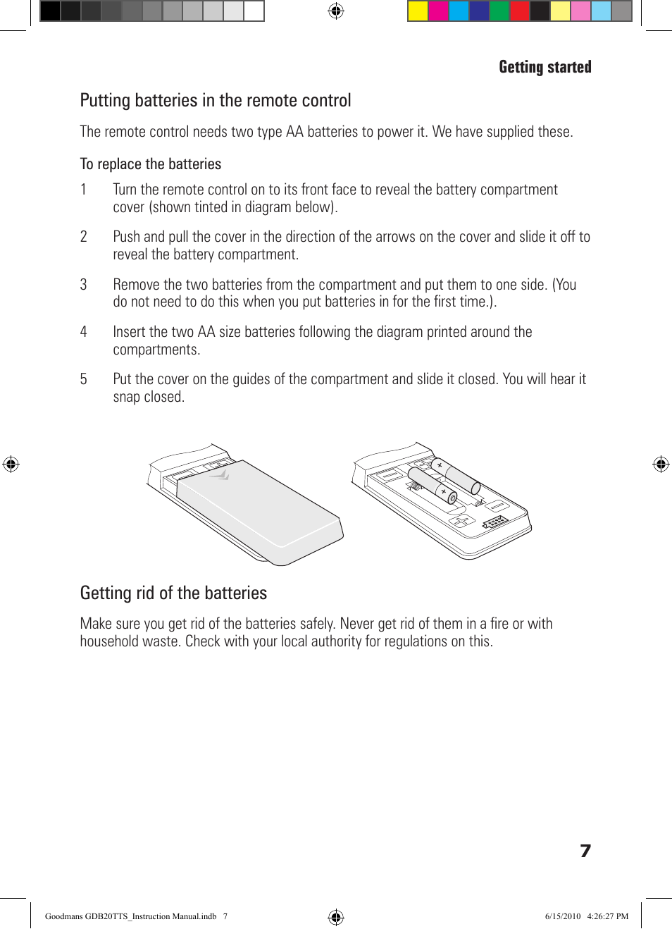 Putting batteries in the remote control, Getting rid of the batteries | Goodmans GDB20TTS User Manual | Page 7 / 76