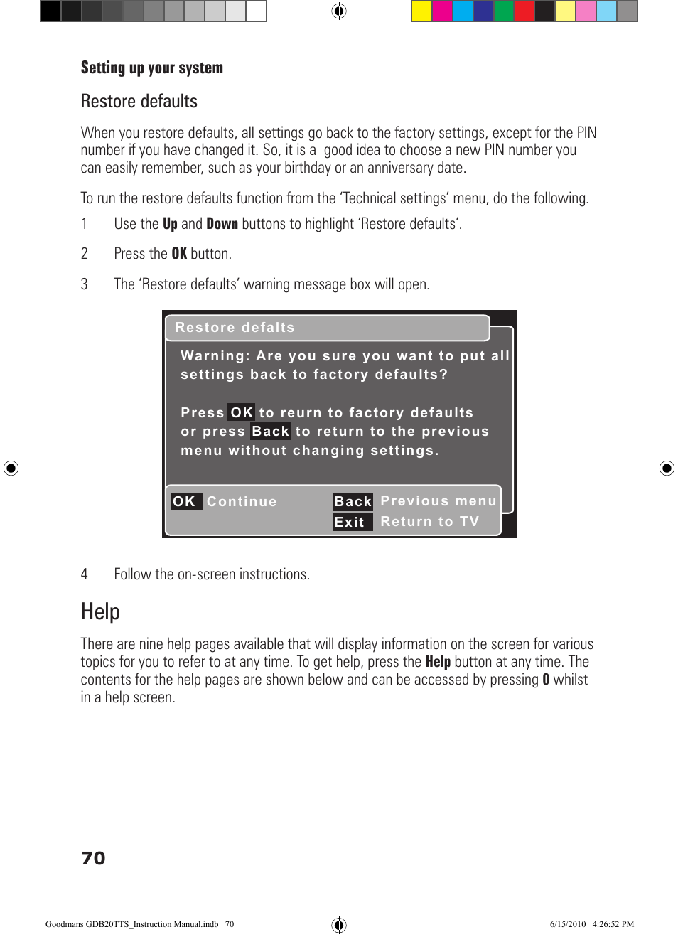 Help, Restore defaults | Goodmans GDB20TTS User Manual | Page 70 / 76