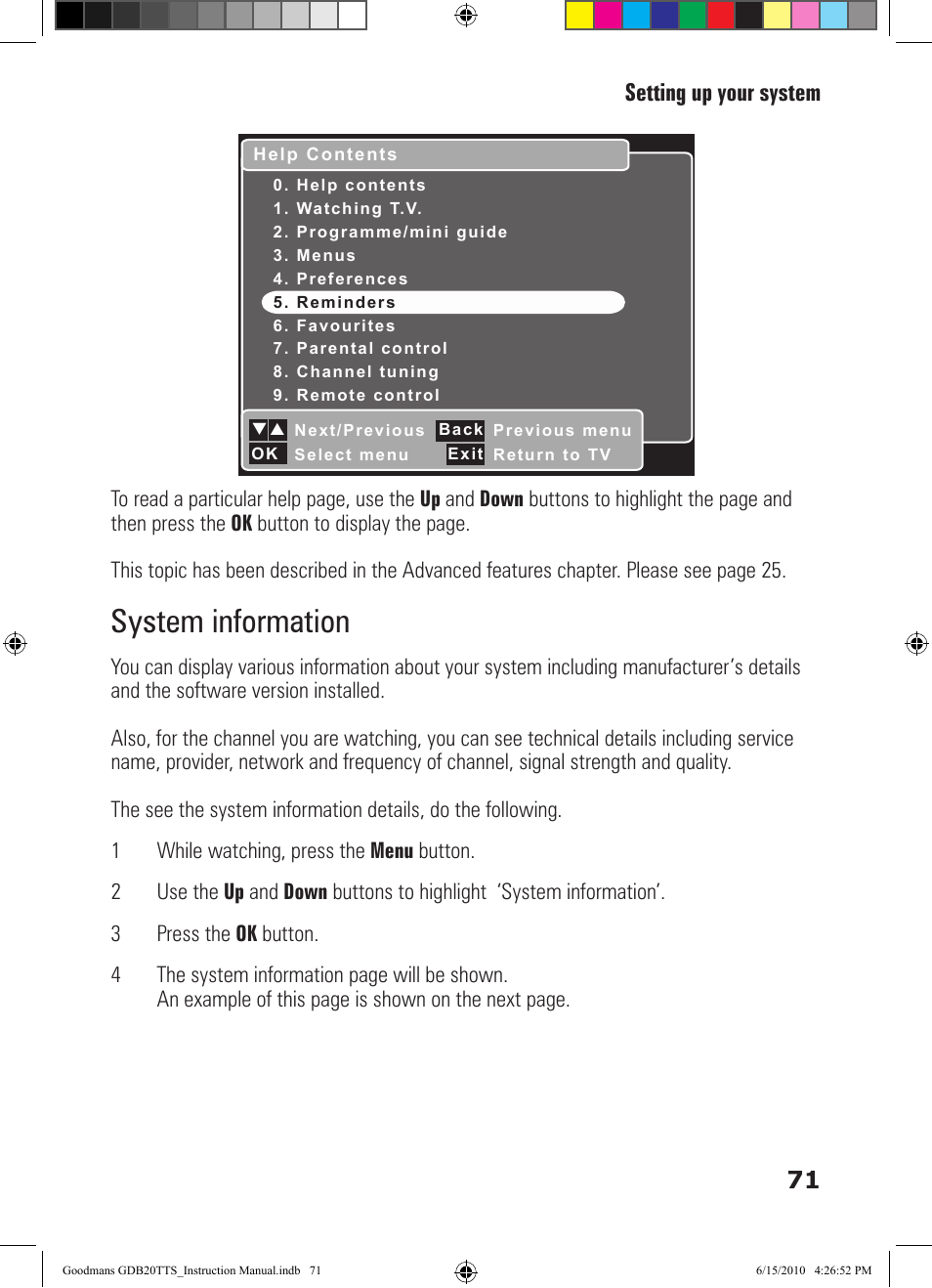 System information, 71 setting up your system | Goodmans GDB20TTS User Manual | Page 71 / 76