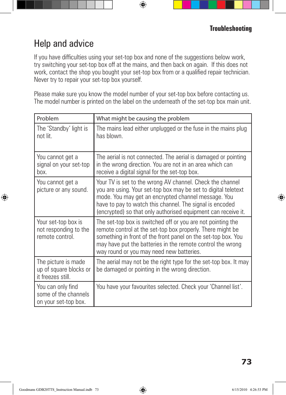 Help and advice | Goodmans GDB20TTS User Manual | Page 73 / 76