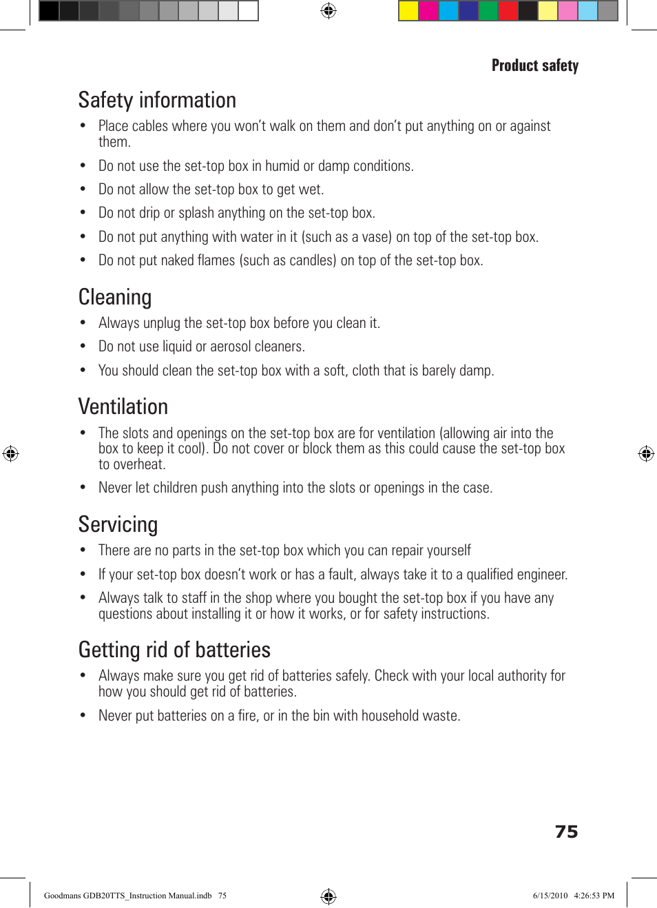 Safety information, Cleaning, Ventilation | Servicing, Getting rid of batteries | Goodmans GDB20TTS User Manual | Page 75 / 76