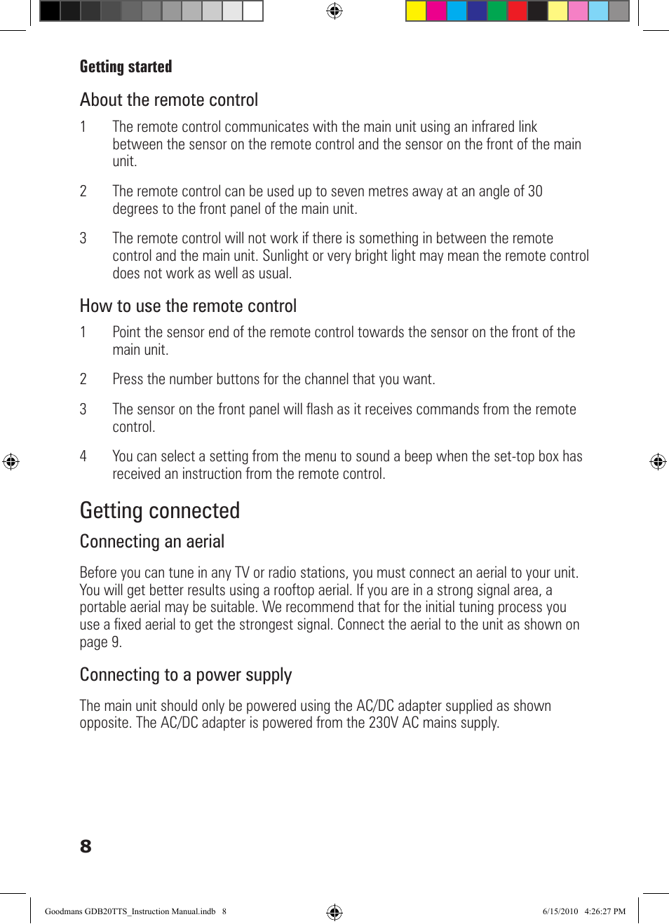 Getting connected, About the remote control, How to use the remote control | Connecting an aerial, Connecting to a power supply | Goodmans GDB20TTS User Manual | Page 8 / 76
