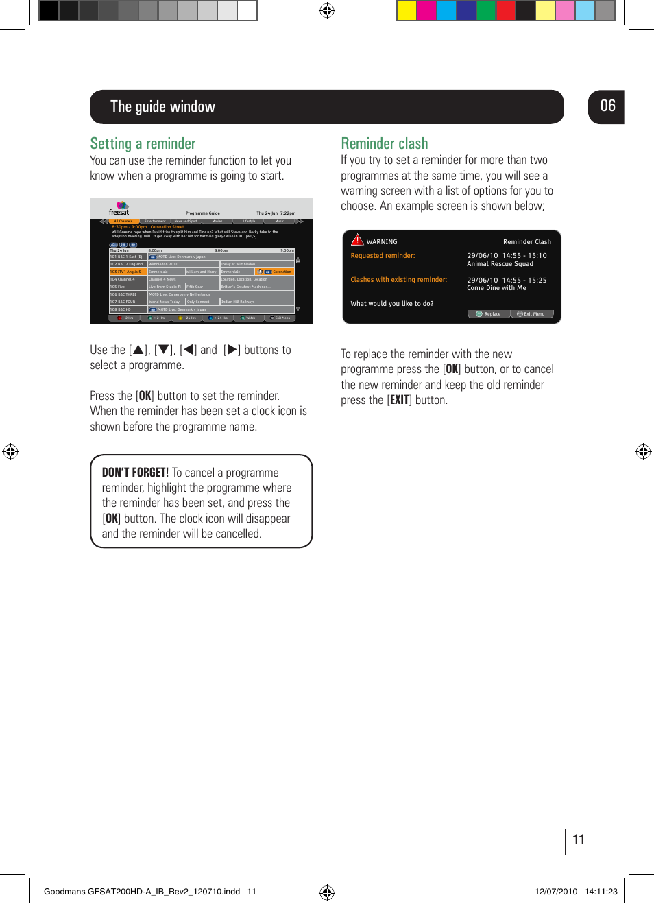 The guide window setting a reminder, Reminder clash | Goodmans GFSAT200HD/A User Manual | Page 11 / 28