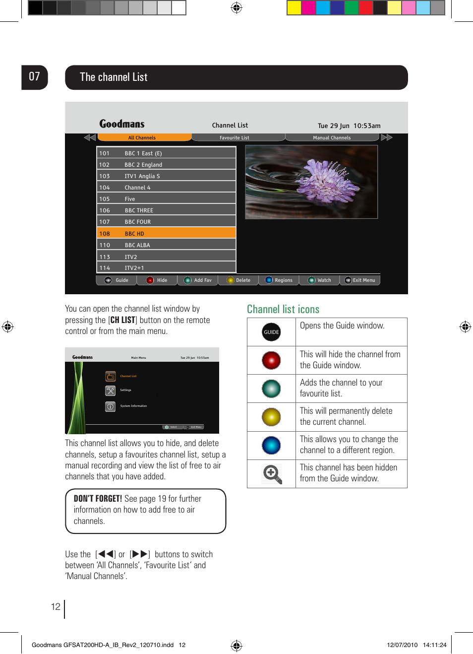 The channel list, Channel list icons | Goodmans GFSAT200HD/A User Manual | Page 12 / 28