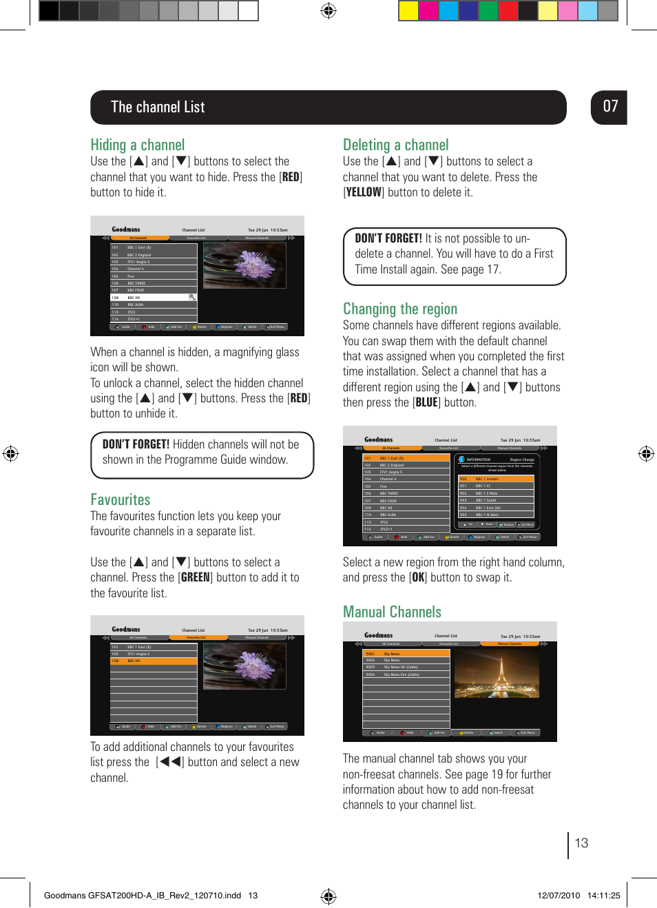 The channel list, 07 hiding a channel, Favourites | Deleting a channel, Changing the region, Manual channels, Guide | Goodmans GFSAT200HD/A User Manual | Page 13 / 28
