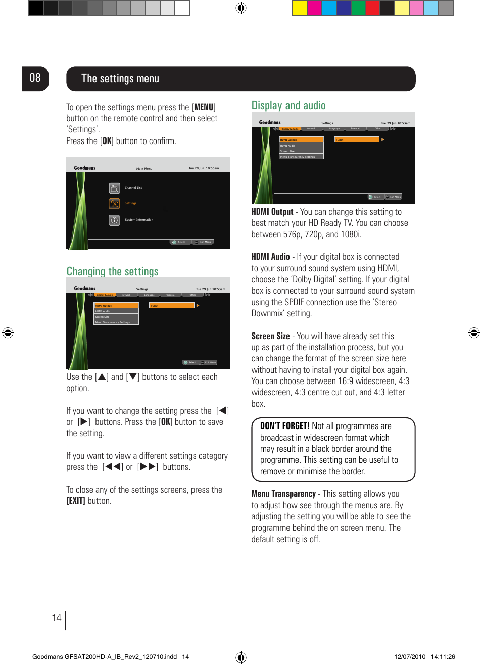 Display and audio, The settings menu, Changing the settings | Goodmans GFSAT200HD/A User Manual | Page 14 / 28