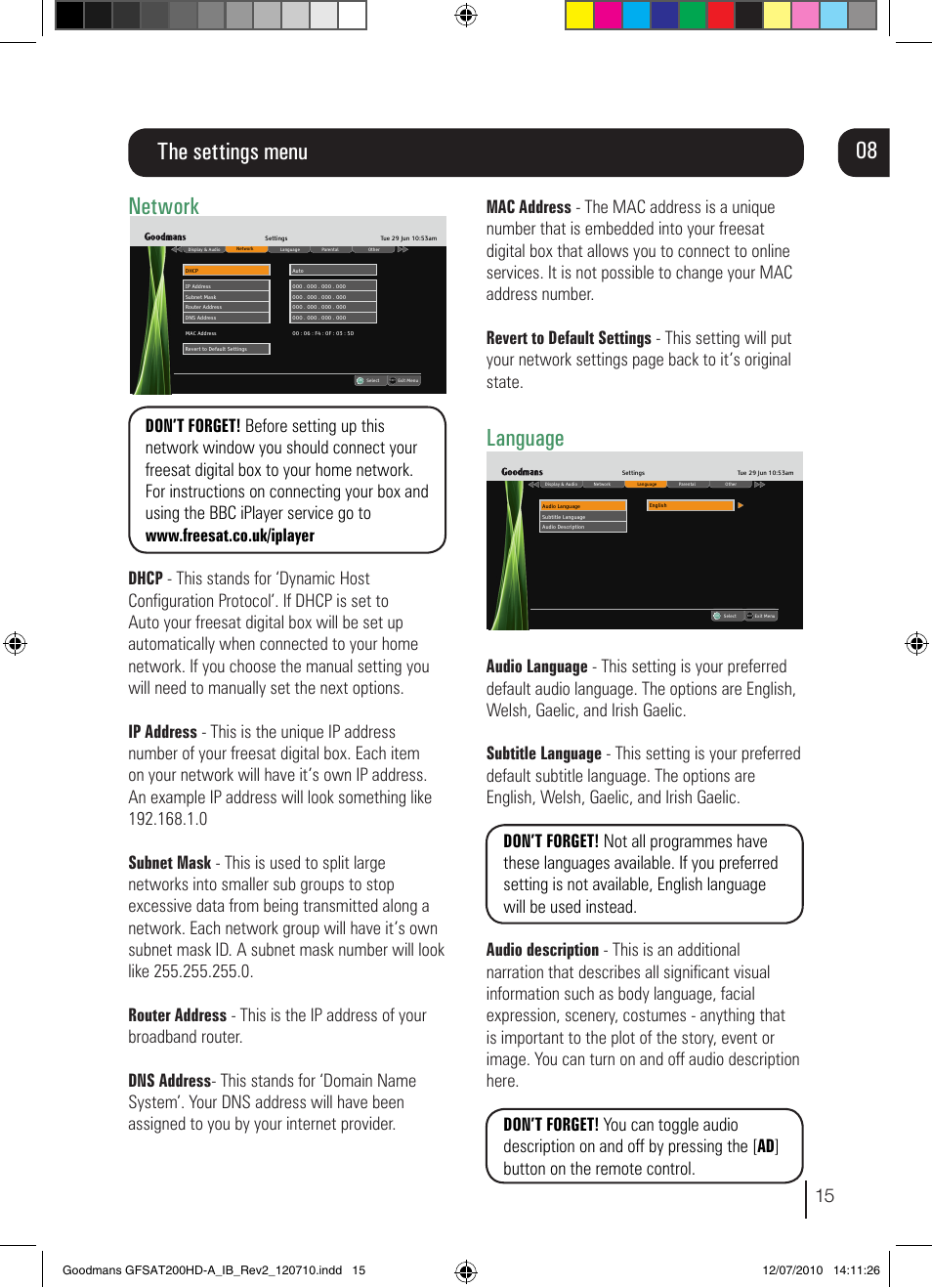 Language, The settings menu 08, Network | Goodmans GFSAT200HD/A User Manual | Page 15 / 28