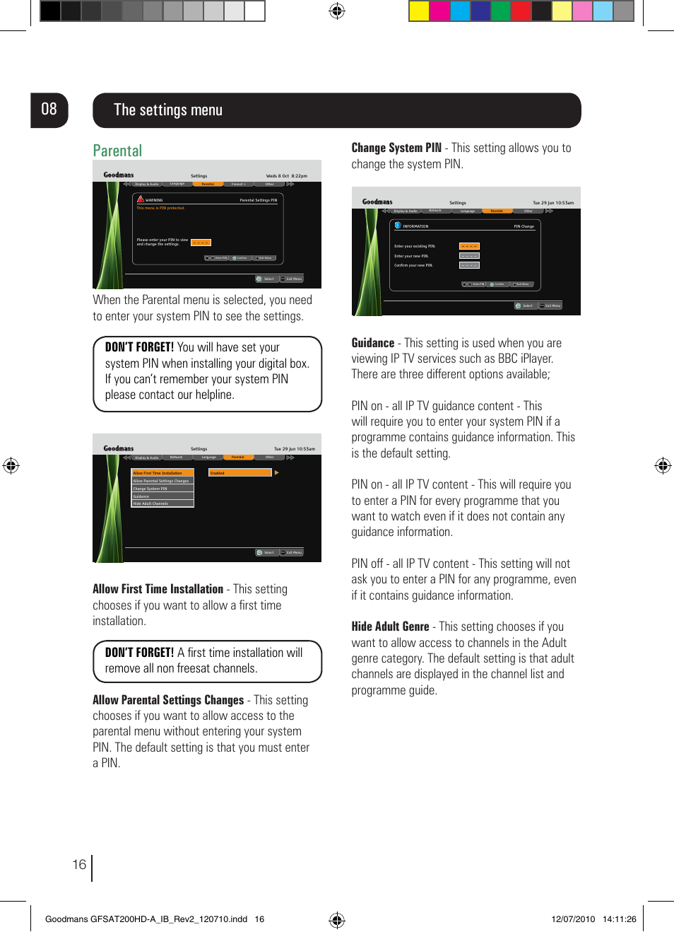 Parental, The settings menu 08, Exit | Wxyz | Goodmans GFSAT200HD/A User Manual | Page 16 / 28