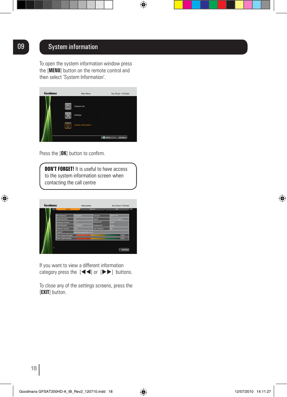 System information | Goodmans GFSAT200HD/A User Manual | Page 18 / 28