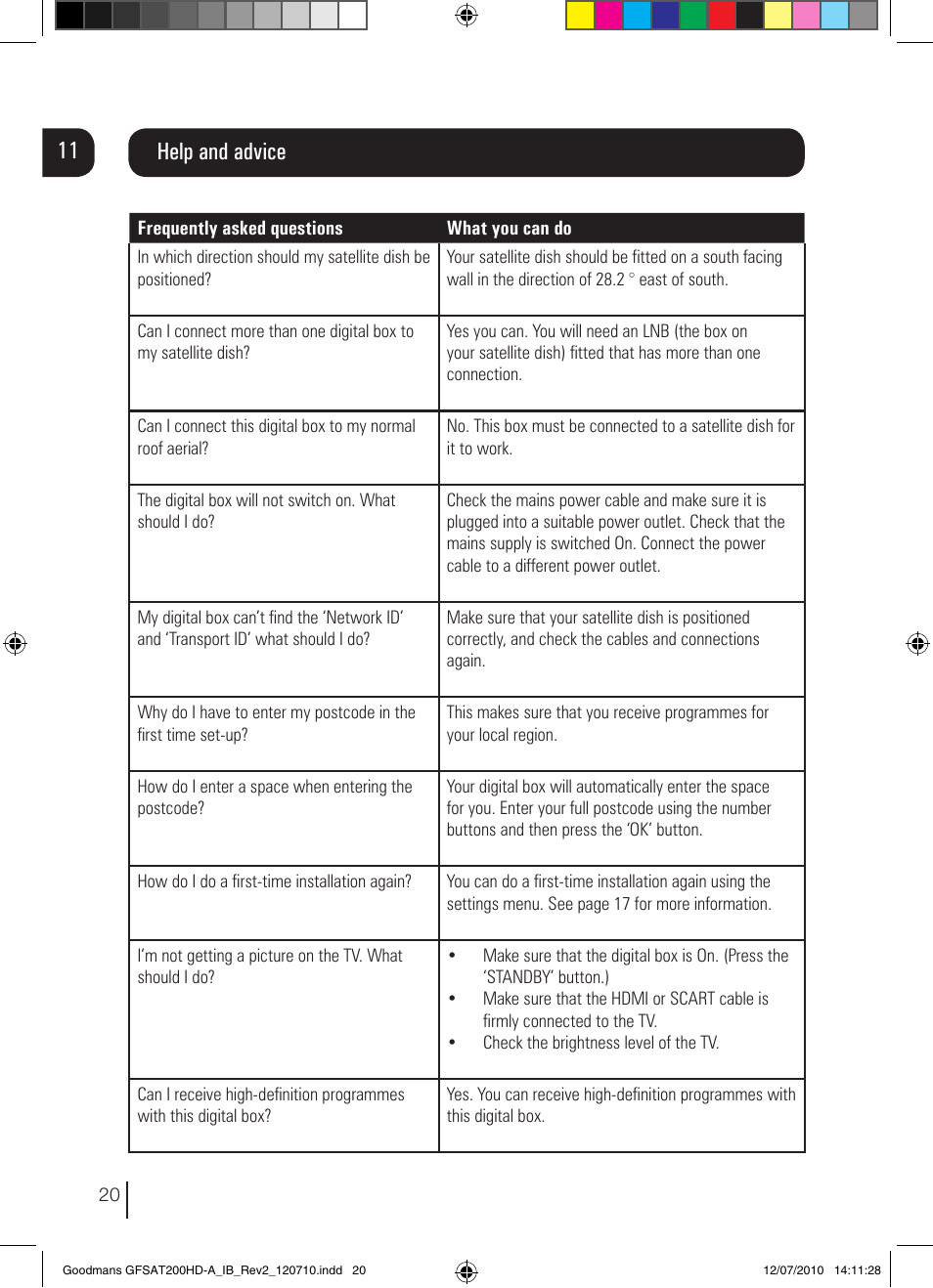 Help and advice | Goodmans GFSAT200HD/A User Manual | Page 20 / 28