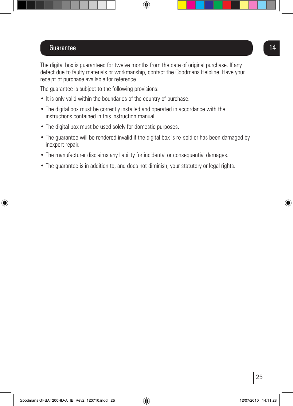 Guarantee | Goodmans GFSAT200HD/A User Manual | Page 25 / 28